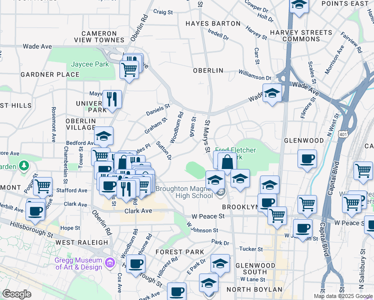 map of restaurants, bars, coffee shops, grocery stores, and more near 1043 Nichols Drive in Raleigh
