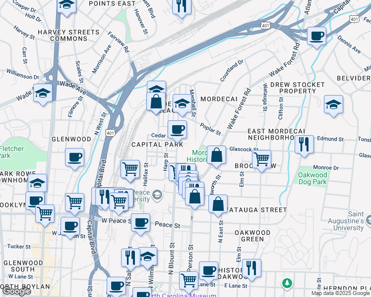 map of restaurants, bars, coffee shops, grocery stores, and more near 900 Moses Court in Raleigh