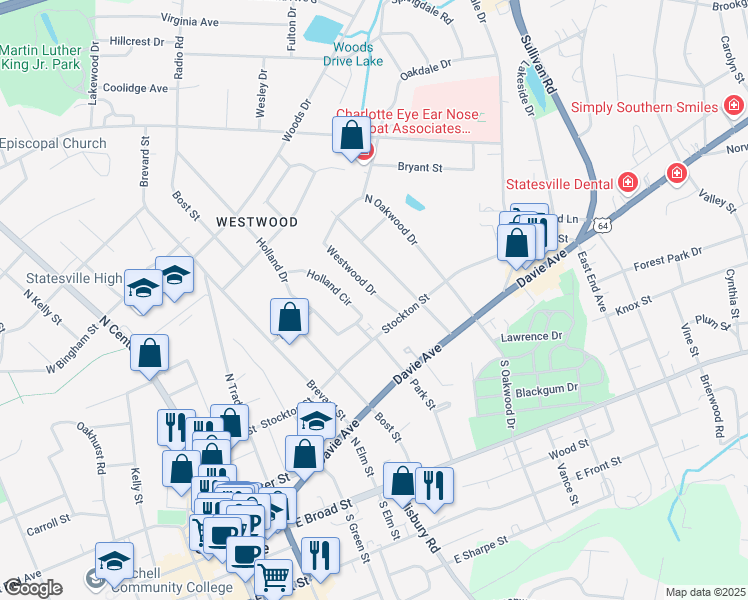 map of restaurants, bars, coffee shops, grocery stores, and more near 327 Westwood Drive in Statesville
