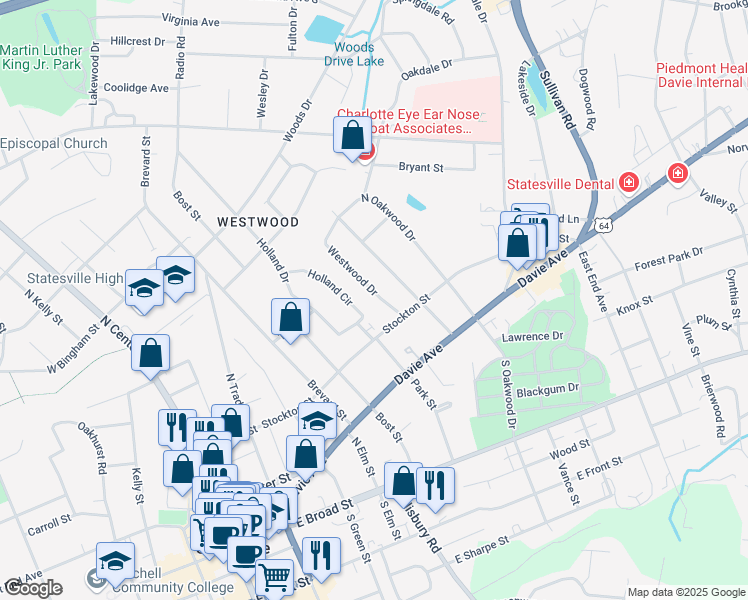 map of restaurants, bars, coffee shops, grocery stores, and more near 327 Westwood Drive in Statesville