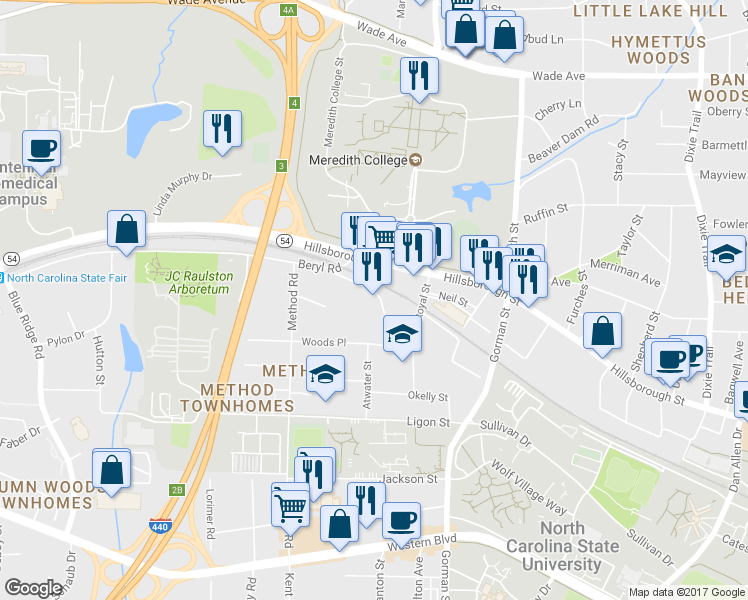 map of restaurants, bars, coffee shops, grocery stores, and more near 3817 Beryl Road in Raleigh