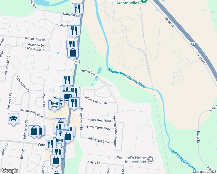 map of restaurants, bars, coffee shops, grocery stores, and more near 337 Calumet Trce in Murfreesboro