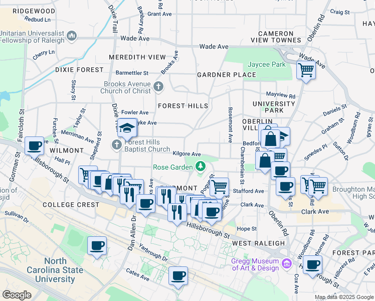 map of restaurants, bars, coffee shops, grocery stores, and more near 500 Gardner Street in Raleigh