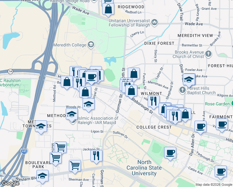 map of restaurants, bars, coffee shops, grocery stores, and more near 3710 Neil Street in Raleigh