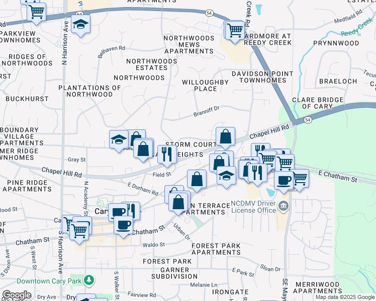 map of restaurants, bars, coffee shops, grocery stores, and more near 114 Storm Court in Cary
