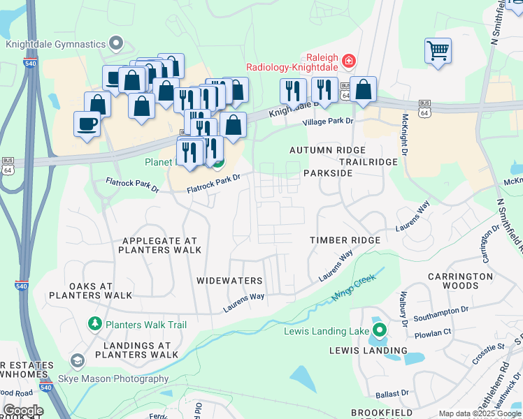 map of restaurants, bars, coffee shops, grocery stores, and more near 1001 Park Commons Drive in Knightdale