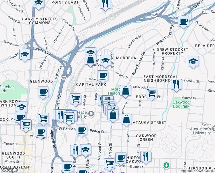 map of restaurants, bars, coffee shops, grocery stores, and more near 1009 Mordecai Drive in Raleigh