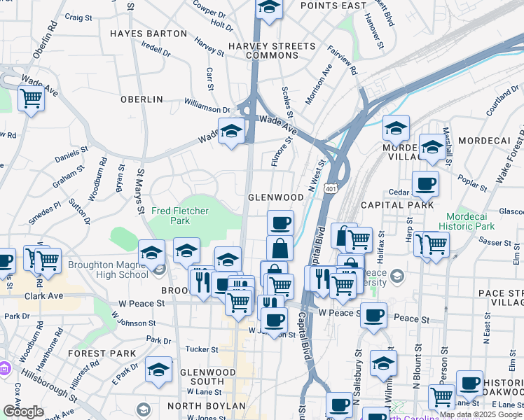 map of restaurants, bars, coffee shops, grocery stores, and more near 1100 Filmore Street in Raleigh