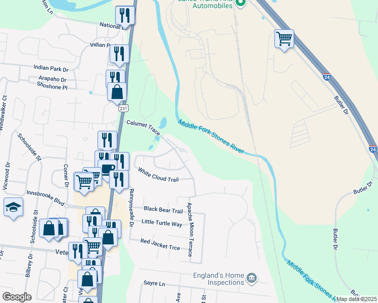 map of restaurants, bars, coffee shops, grocery stores, and more near 359 Calumet Trace in Murfreesboro