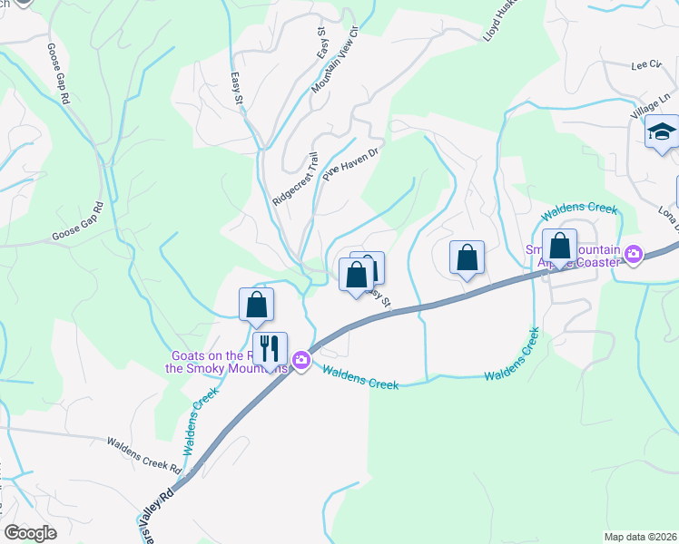 map of restaurants, bars, coffee shops, grocery stores, and more near 3105 Easy Street in Pigeon Forge