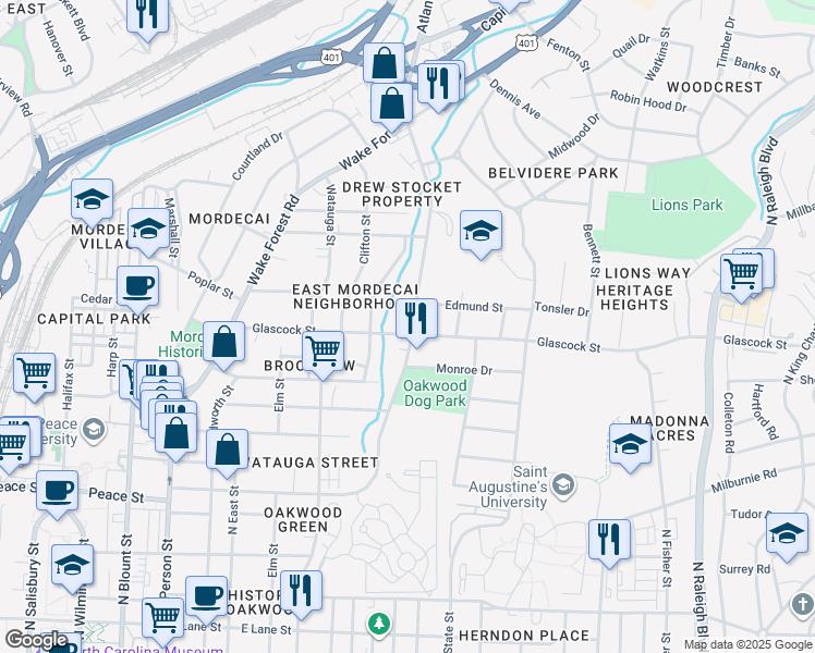 map of restaurants, bars, coffee shops, grocery stores, and more near 1105 Brookside Drive in Raleigh