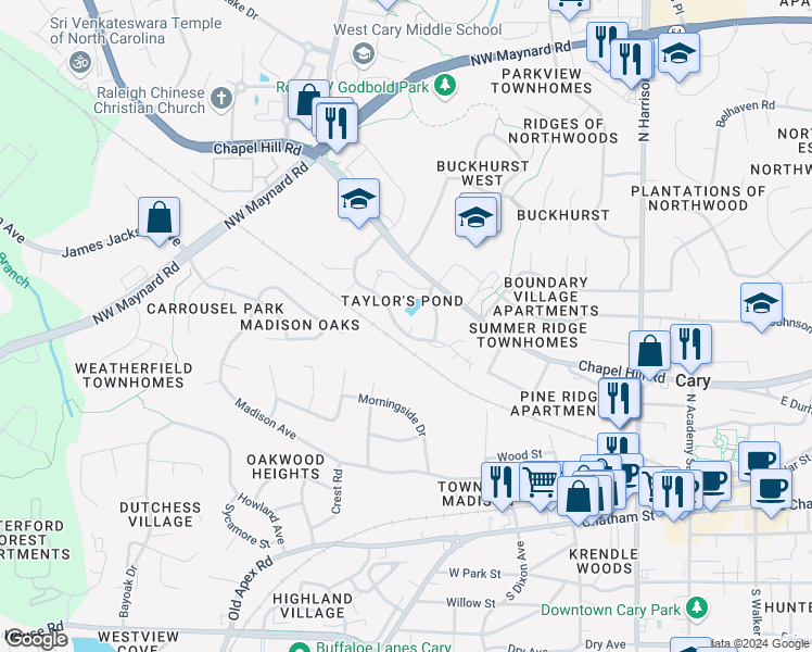 map of restaurants, bars, coffee shops, grocery stores, and more near 103 Ocala Court in Cary