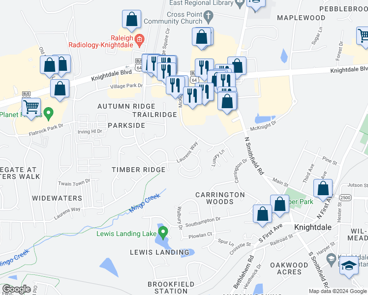 map of restaurants, bars, coffee shops, grocery stores, and more near 2342 West Cameo Lane in Knightdale