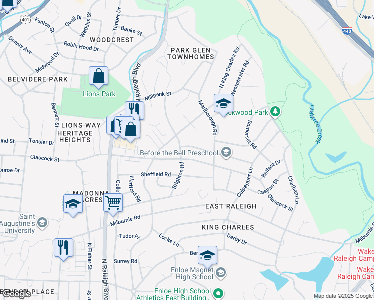 map of restaurants, bars, coffee shops, grocery stores, and more near 2306 Kennington Road in Raleigh