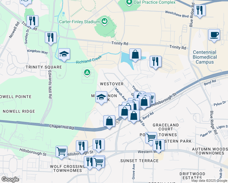 map of restaurants, bars, coffee shops, grocery stores, and more near 221 Marsh Avenue in Raleigh