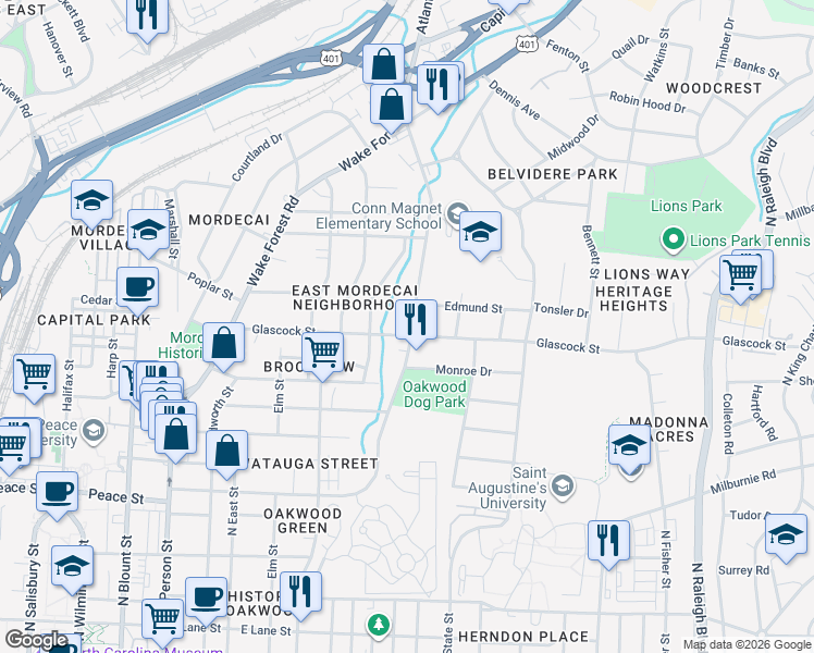 map of restaurants, bars, coffee shops, grocery stores, and more near 1105 Brookside Drive in Raleigh