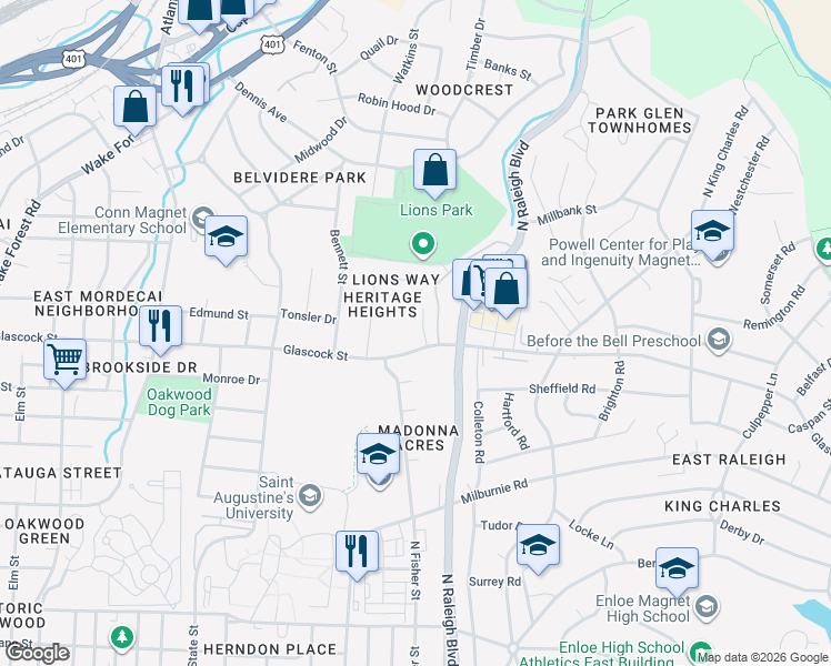 map of restaurants, bars, coffee shops, grocery stores, and more near 1017 Glascock Street in Raleigh