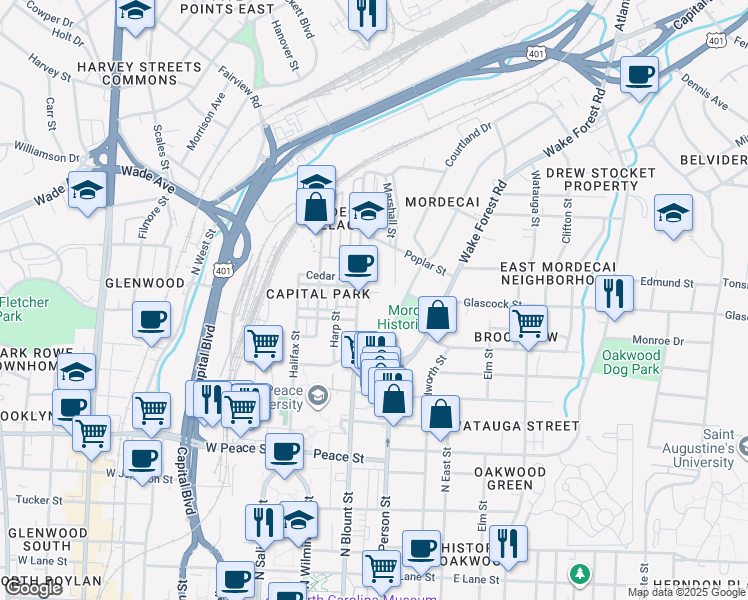 map of restaurants, bars, coffee shops, grocery stores, and more near 1009 Mordecai Drive in Raleigh