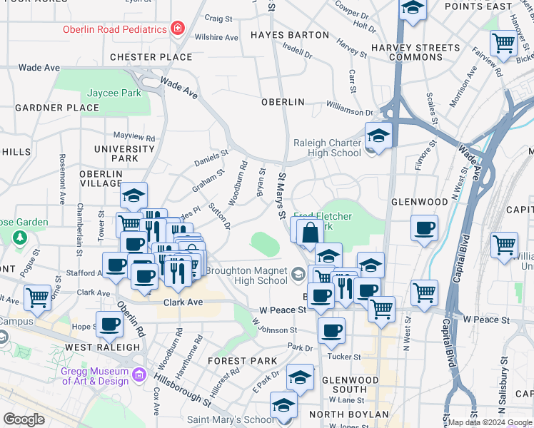 map of restaurants, bars, coffee shops, grocery stores, and more near in Raleigh