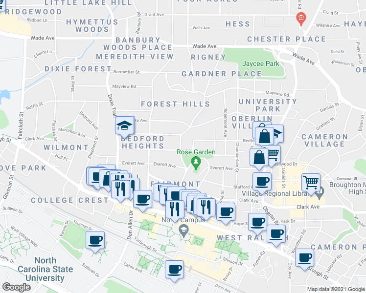 map of restaurants, bars, coffee shops, grocery stores, and more near 2701 Kilgore Avenue in Raleigh