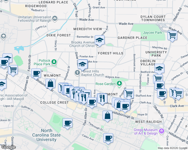 map of restaurants, bars, coffee shops, grocery stores, and more near in Raleigh