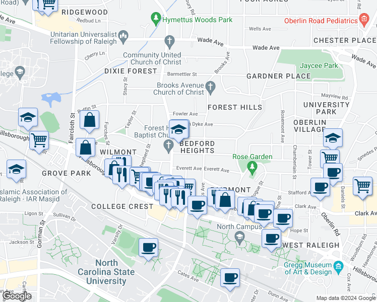 map of restaurants, bars, coffee shops, grocery stores, and more near 2823 Kilgore Avenue in Raleigh