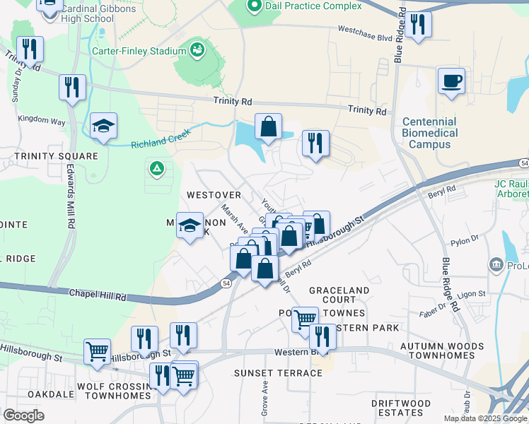 map of restaurants, bars, coffee shops, grocery stores, and more near 208 Grand Avenue in Raleigh