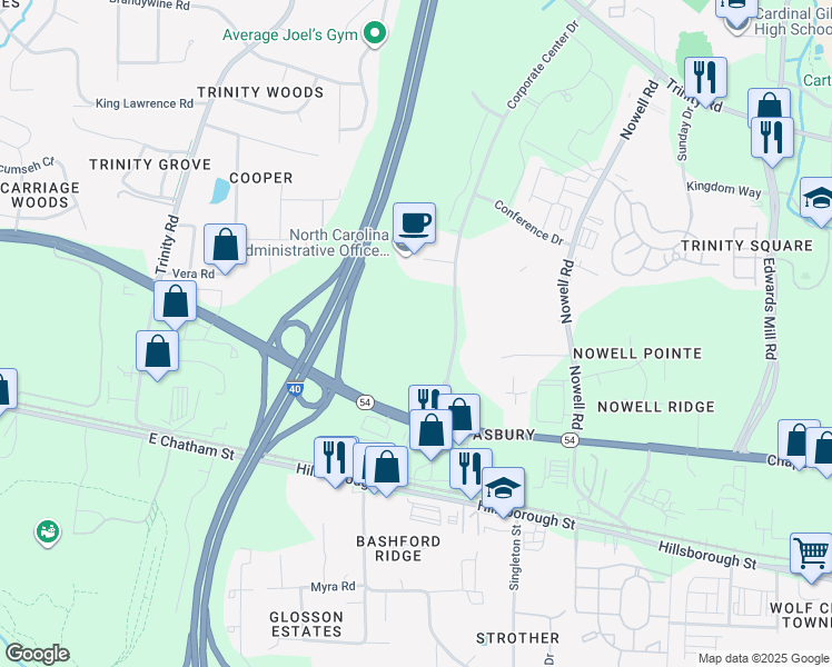 map of restaurants, bars, coffee shops, grocery stores, and more near 801 Corporate Center Dr in Raleigh