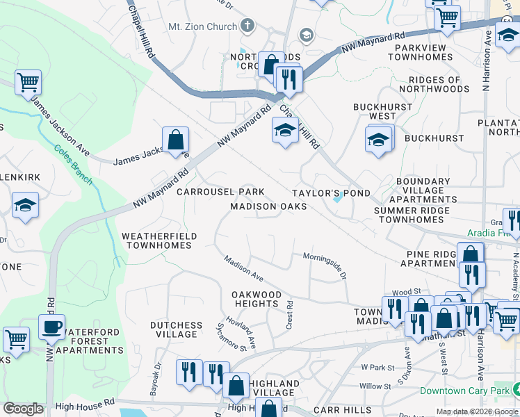 map of restaurants, bars, coffee shops, grocery stores, and more near 106 Oscar Lane in Cary