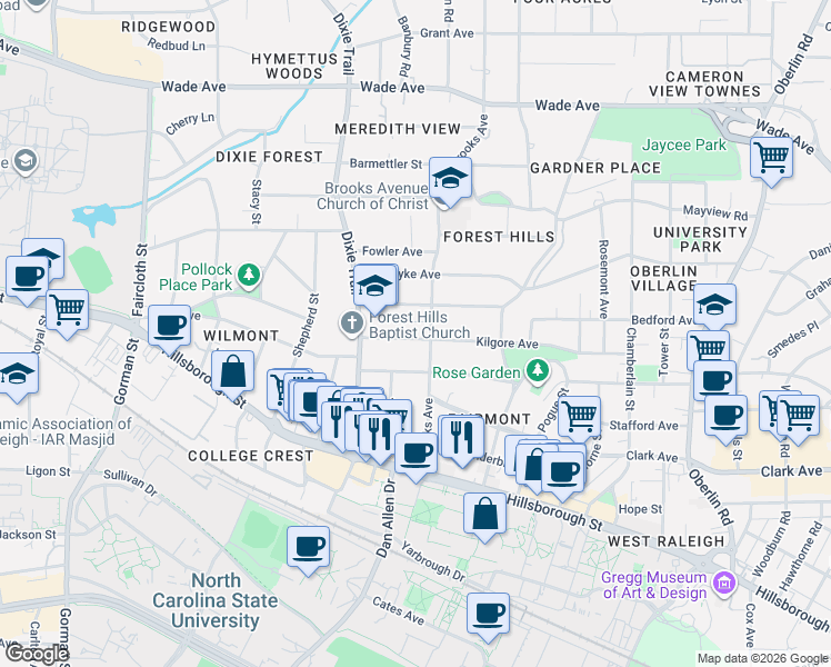 map of restaurants, bars, coffee shops, grocery stores, and more near in Raleigh