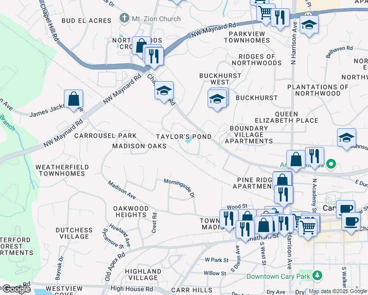 map of restaurants, bars, coffee shops, grocery stores, and more near 103 Ocala Court in Cary