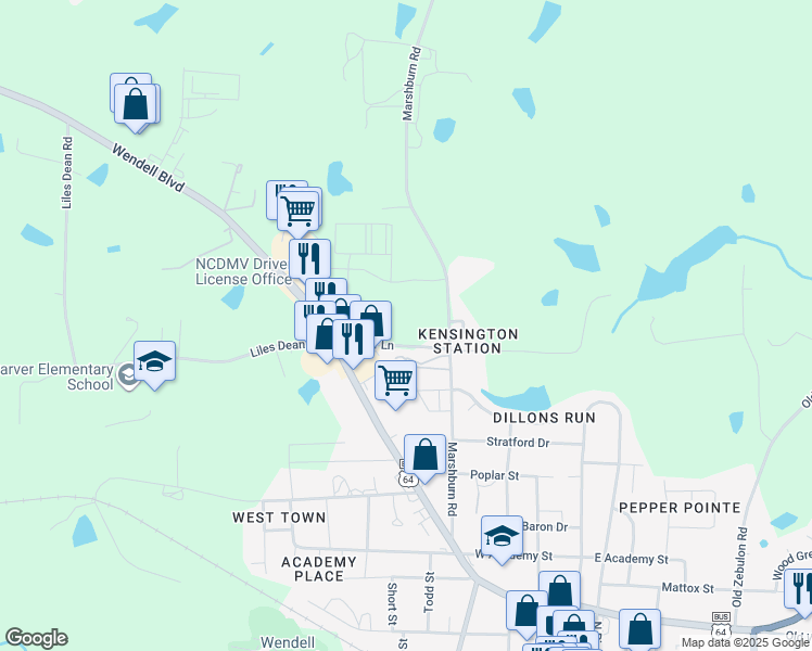 map of restaurants, bars, coffee shops, grocery stores, and more near 40 Hanor Lane in Wendell