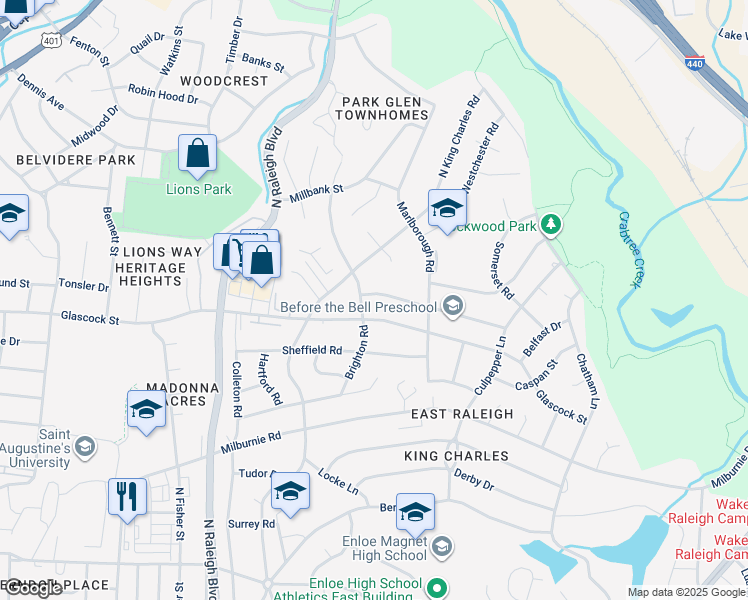 map of restaurants, bars, coffee shops, grocery stores, and more near 2306 Kennington Road in Raleigh