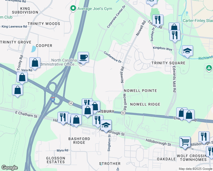 map of restaurants, bars, coffee shops, grocery stores, and more near 961 Nowell Road in Raleigh