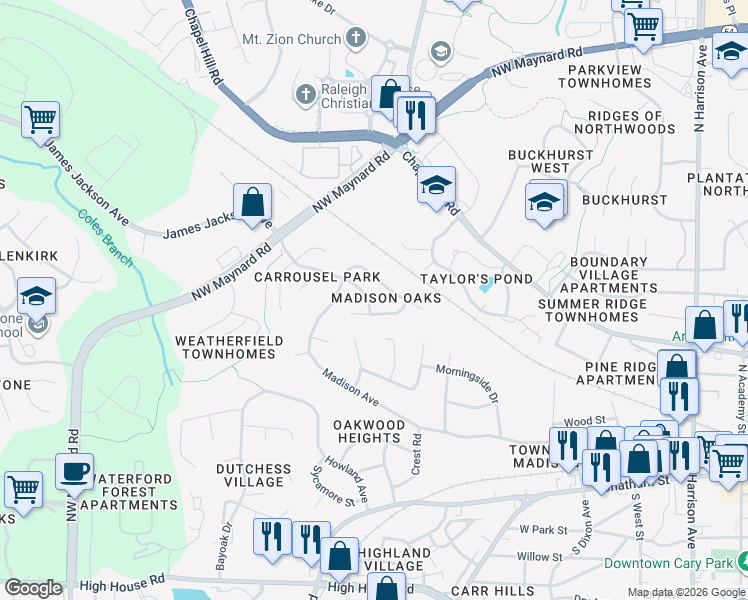 map of restaurants, bars, coffee shops, grocery stores, and more near 106 Oscar Lane in Cary
