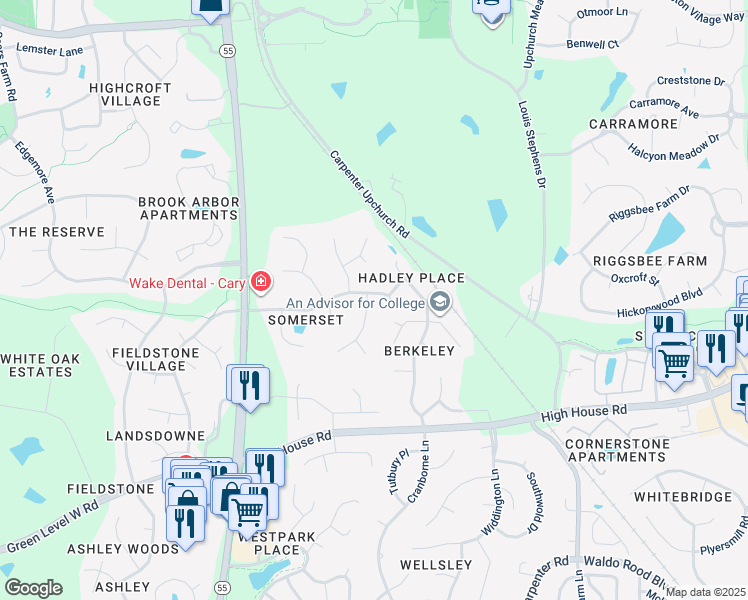 map of restaurants, bars, coffee shops, grocery stores, and more near 101 Haley House Lane in Cary