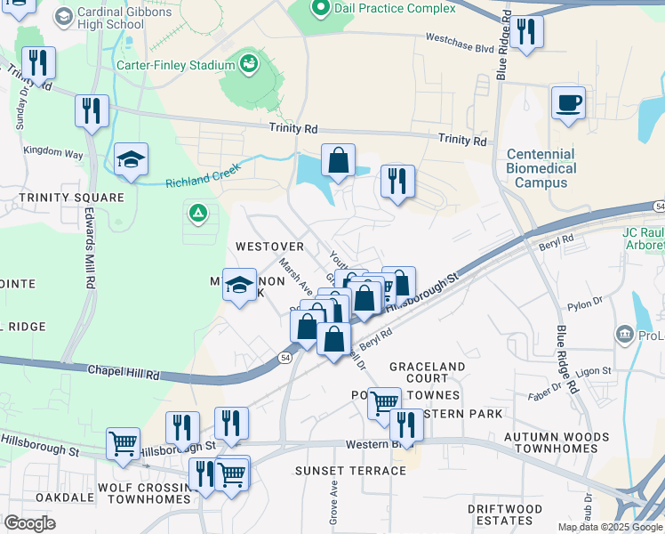 map of restaurants, bars, coffee shops, grocery stores, and more near 208 Grand Avenue in Raleigh