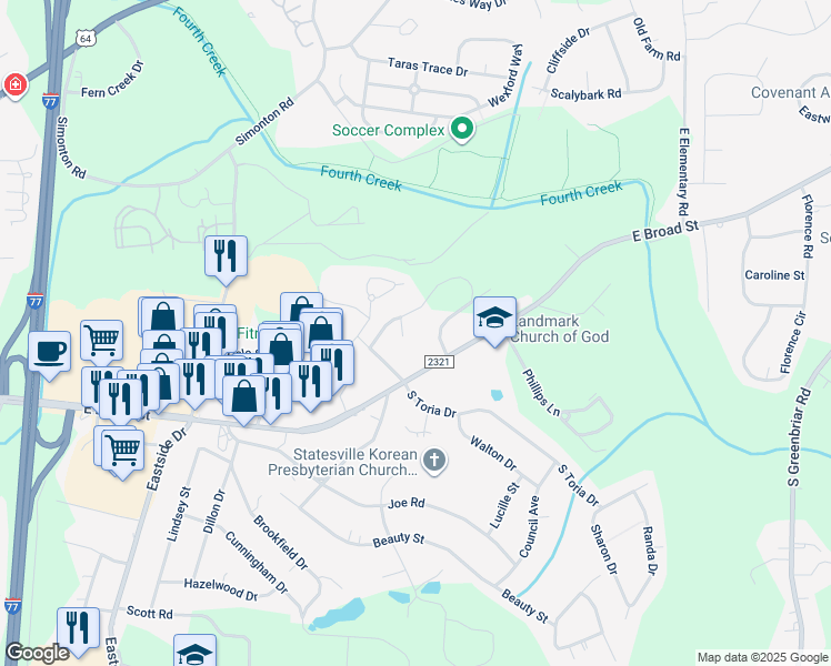 map of restaurants, bars, coffee shops, grocery stores, and more near 120 Saint James Place in Statesville