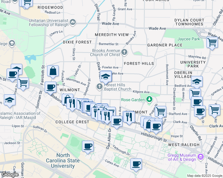 map of restaurants, bars, coffee shops, grocery stores, and more near 2823 Kilgore Avenue in Raleigh