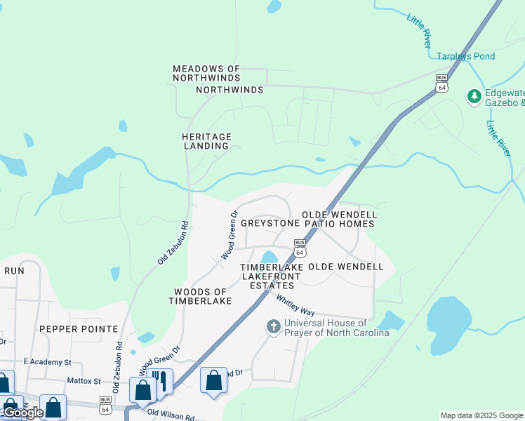 map of restaurants, bars, coffee shops, grocery stores, and more near 337 Caroline Drive in Wendell