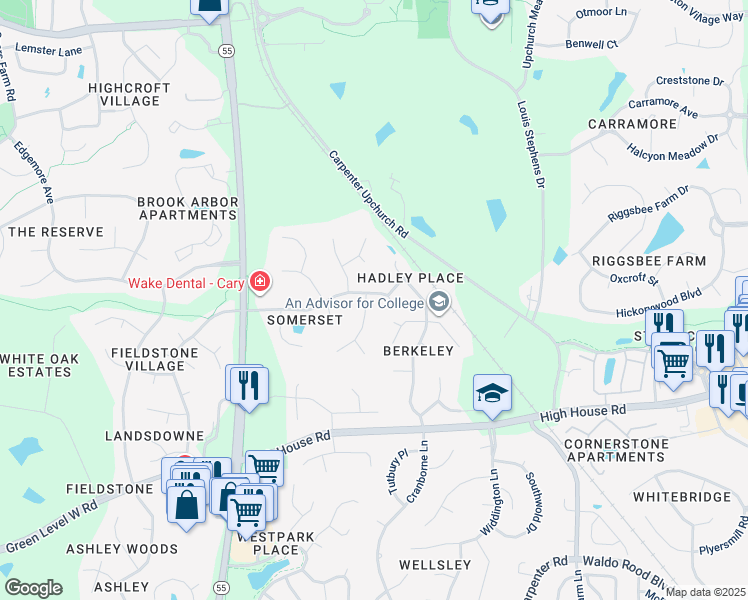 map of restaurants, bars, coffee shops, grocery stores, and more near 101 Haley House Lane in Cary