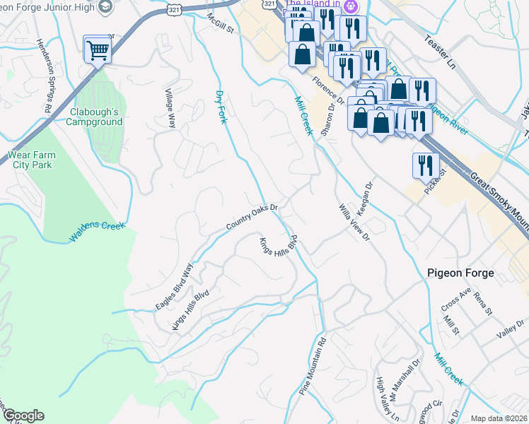 map of restaurants, bars, coffee shops, grocery stores, and more near 509 Country Oaks Drive in Pigeon Forge