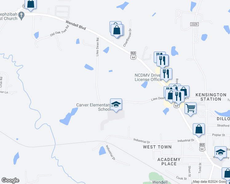 map of restaurants, bars, coffee shops, grocery stores, and more near 110 Liles Dean Road in Wendell