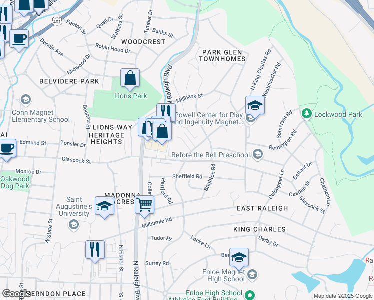 map of restaurants, bars, coffee shops, grocery stores, and more near 1000 Glascock Street in Raleigh