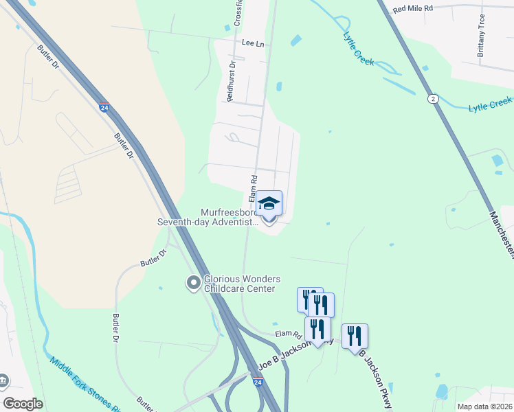 map of restaurants, bars, coffee shops, grocery stores, and more near 2220 Pearwick Court in Murfreesboro