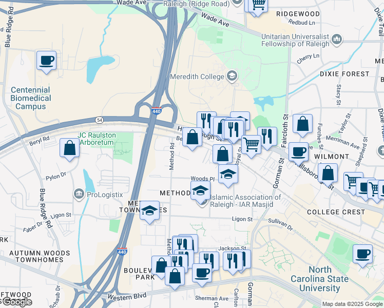 map of restaurants, bars, coffee shops, grocery stores, and more near 3911 Beryl Road in Raleigh