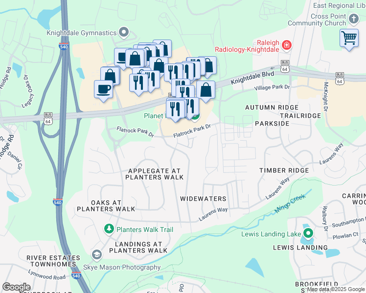 map of restaurants, bars, coffee shops, grocery stores, and more near 1010 Emerald Common Drive in Knightdale