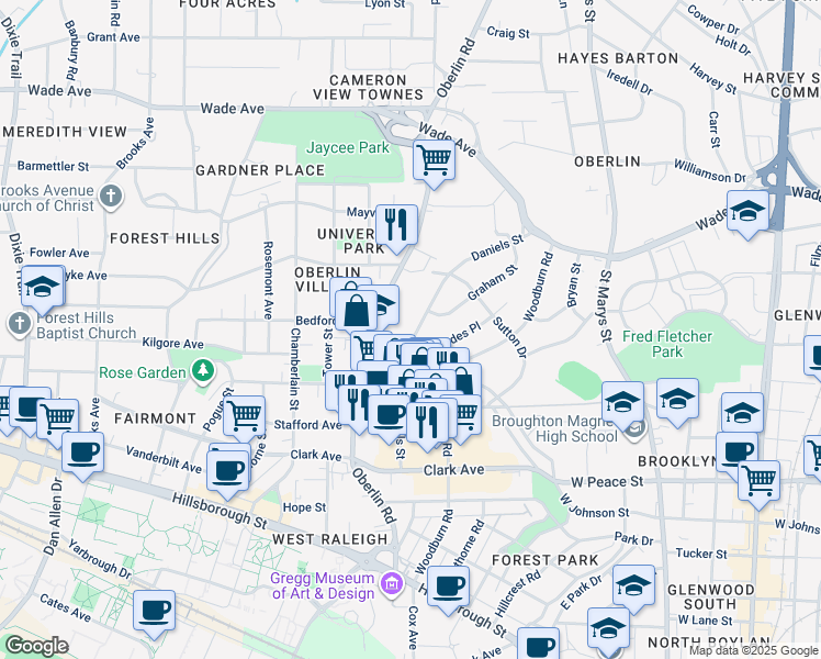 map of restaurants, bars, coffee shops, grocery stores, and more near 629 Daniels Street in Raleigh