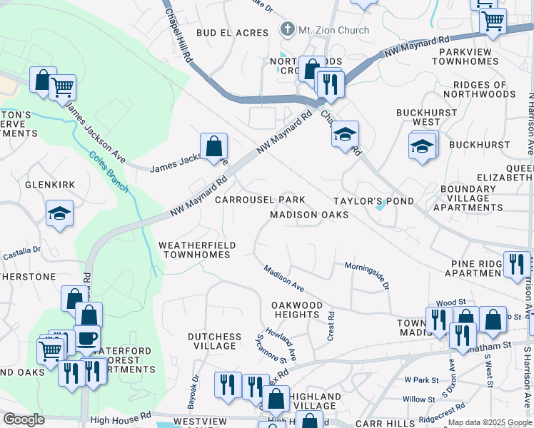 map of restaurants, bars, coffee shops, grocery stores, and more near 843 Madison Avenue in Cary