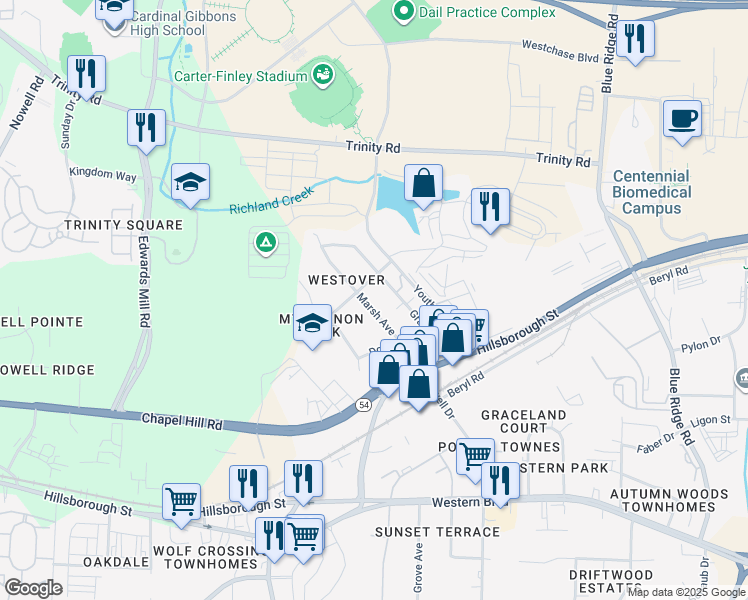 map of restaurants, bars, coffee shops, grocery stores, and more near 212 Marsh Avenue in Raleigh